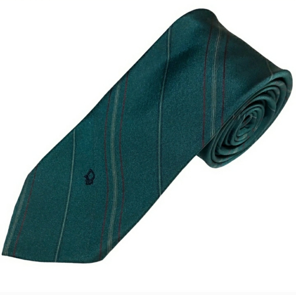 CHRISTIAN DIOR Teal Striped Silk Blend Tie- VINTAGE - Picture 8 of 8